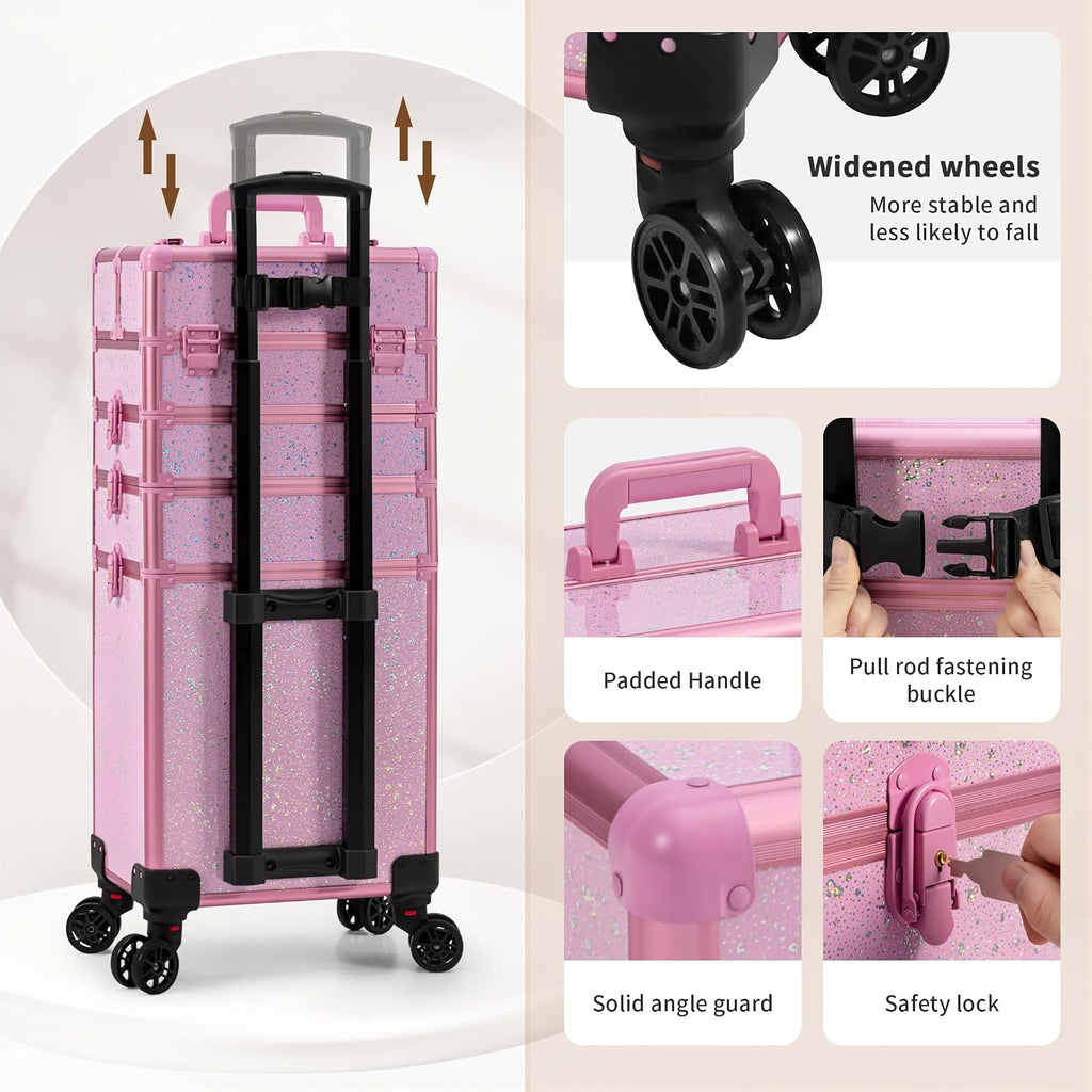 AROUS Rolling Makeup Train Case Large Storage Cosmetic Trolley 5 in 1 Large Capacity Trolley Makeup Travel Case with Key Swivel Wheels Salon Barber Case Traveling Cart Trunk, Pink
