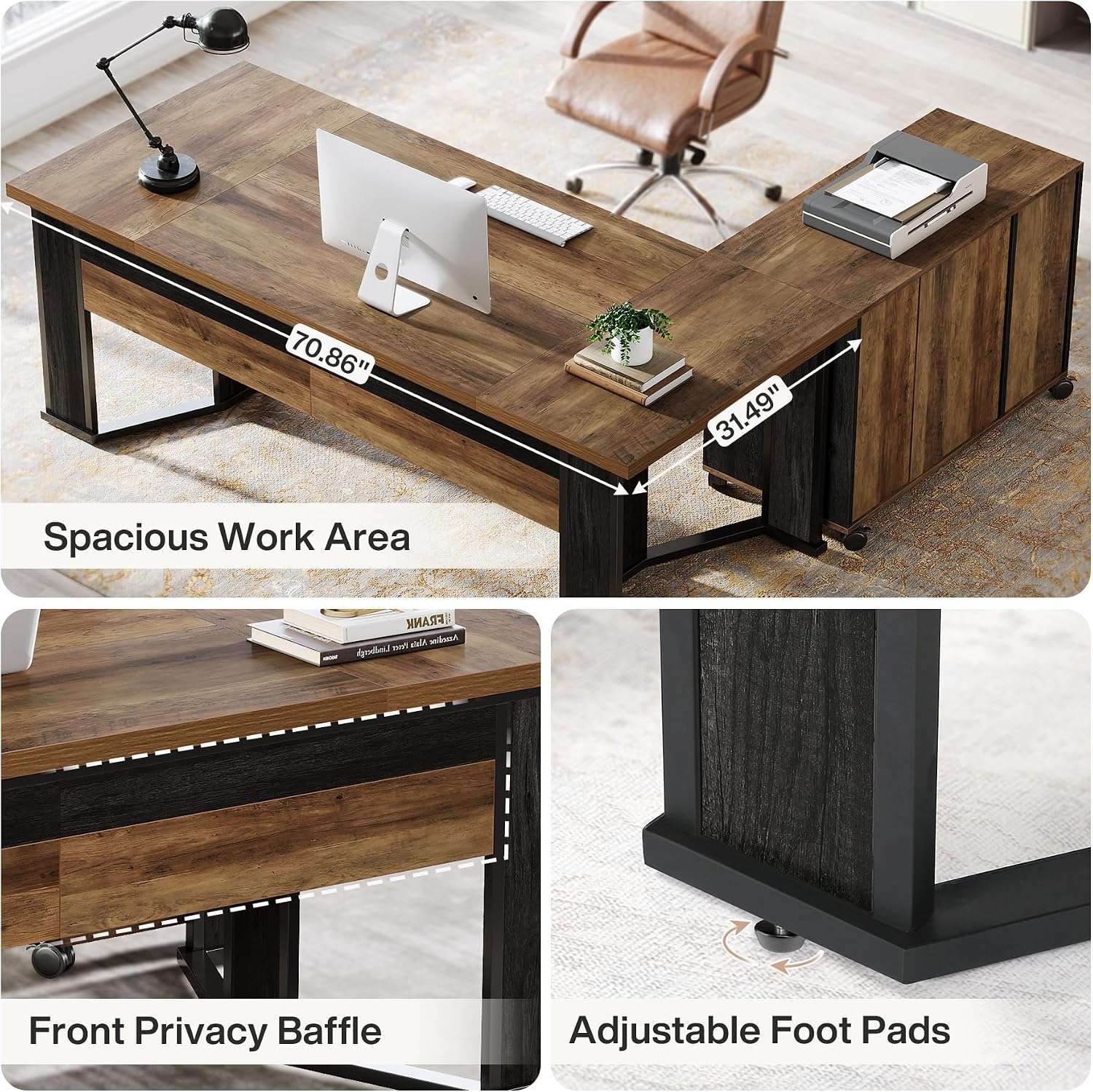 Tribesigns 70.86' Executive Desk with Mobile File Cabinet, Large L Shaped Computer Office Desk with 2 Drawers and Storage Shelves, Business Furniture Desk Workstation for Home Office (Rustic Brown)