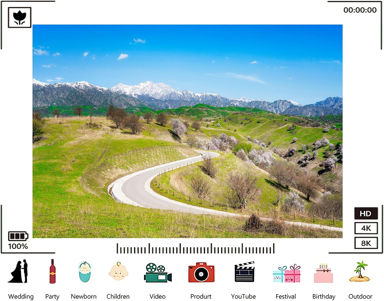 Trykid 20x10ft Winding Mountain Road Backdrop Green Rolling Hills Snow Capped Peaks Clear Blue Sky Wispy Clouds Photography Background Road Trip Party Decoration Photo Booth Prop Fabric