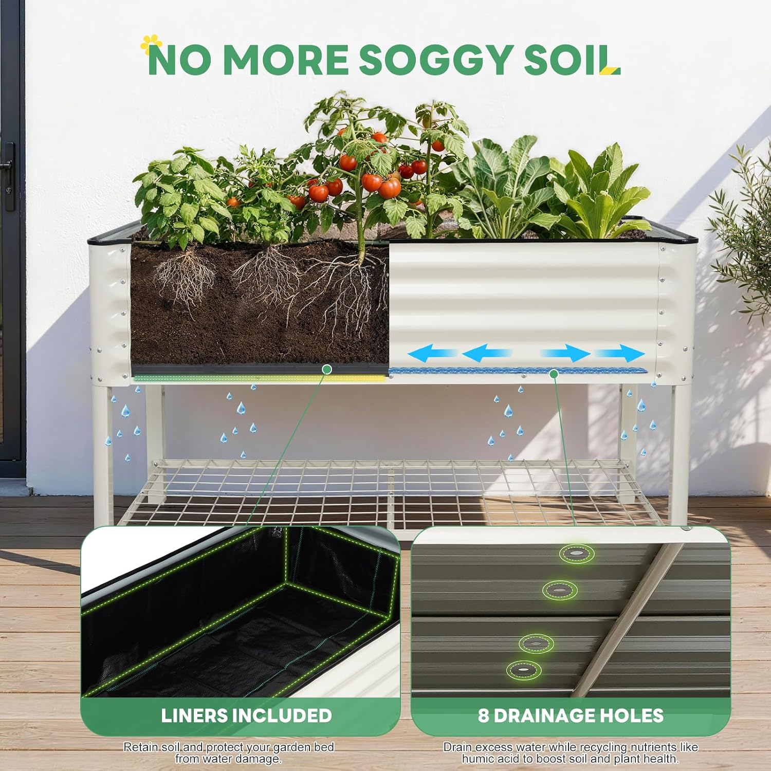 Elevated Raised Garden Bed with Legs - 48''x24''x32'' Galvanized Metal Standing Planter Boxes Outdoor with Bottom Storage Shelf for Backyard, Patio, Balcony, Vegetables, Flowers, White