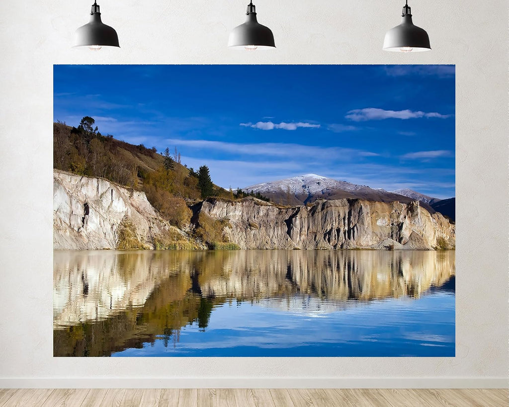 Trykid 20x10ft Cliffside Lake Backdrop Snow Capped Mountain Clear Blue Sky Still Water Reflection Autumn Foliage Photography Background Adventure Theme Party Decoration Photo Booth Prop Fabric