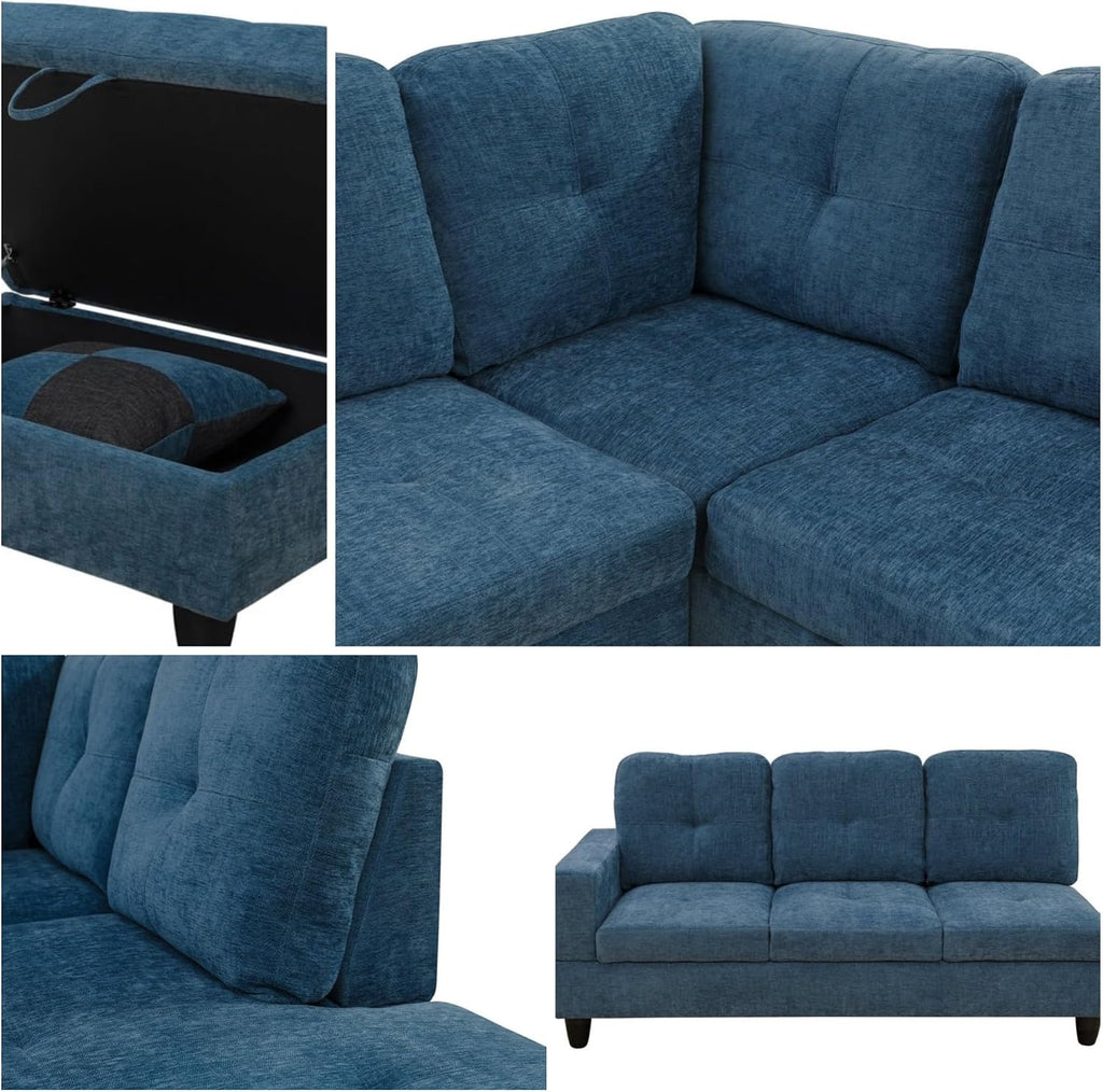 103.5' Sectional Couches for Living Room, Leather 4 Seat L Shaped Couch with Chaise, 3-Piece Modular Sofa with Storage Ottoman, Home Furniture Sets for Apartment Office, Blue
