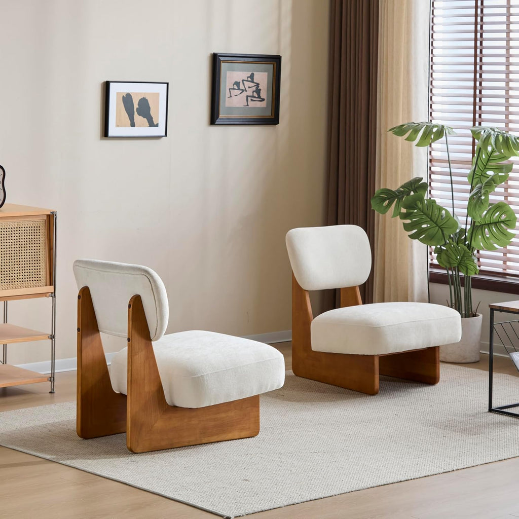 Christopher Knight Home Mores Low Profile Accent Chair Set of 2, Modern Living Room Armless Lounge Chair, Fabric Comfy Reading Chair for Bedroom, Wooden Frame and Thick Padded Seat, Beige + Natural