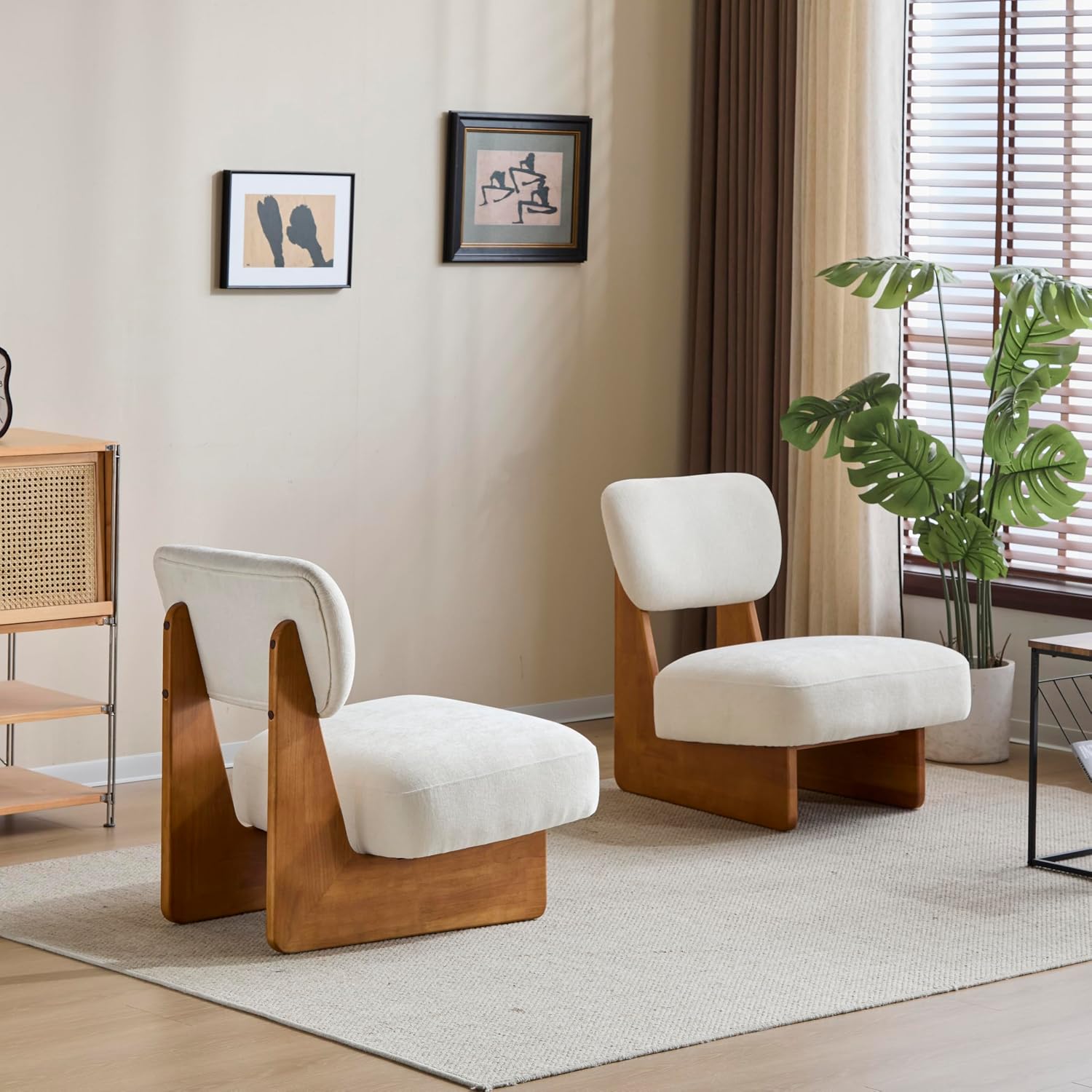 Christopher Knight Home Mores Low Profile Accent Chair Set of 2, Modern Living Room Armless Lounge Chair, Fabric Comfy Reading Chair for Bedroom, Wooden Frame and Thick Padded Seat, Beige + Natural