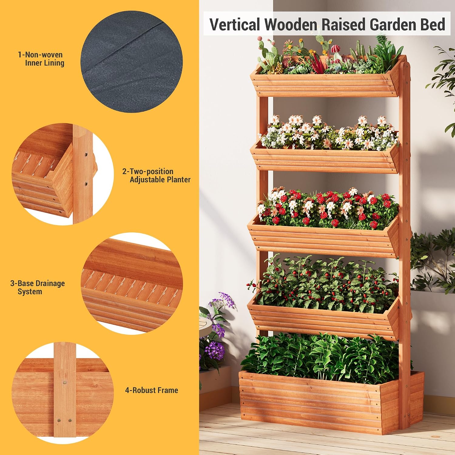 Vertical Wooden Raised Garden Bed Planters Wood Planter Kit Plant Stand Flower Rack Planter Box Gardening for Plants Herbs Flowers Vegetables Outdoor Indoor Freestanding (Orange 5-Tier)