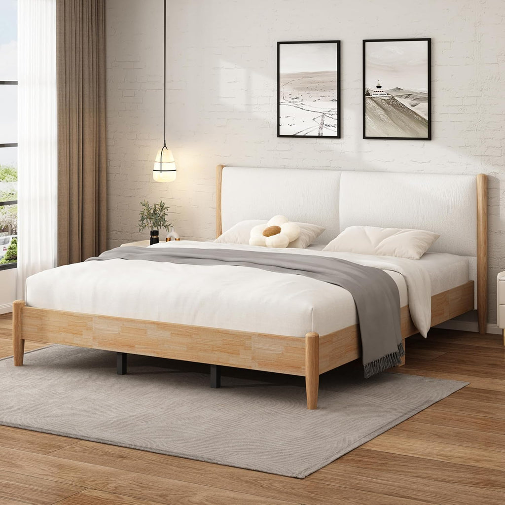 Christopher Knight Home Raven Modern California King Size Bed Frame with Upholstered Headboard, Natural Wood California King Size Platform Bed Frame, No Box Spring Needed, Easy Assembly, White+Natural