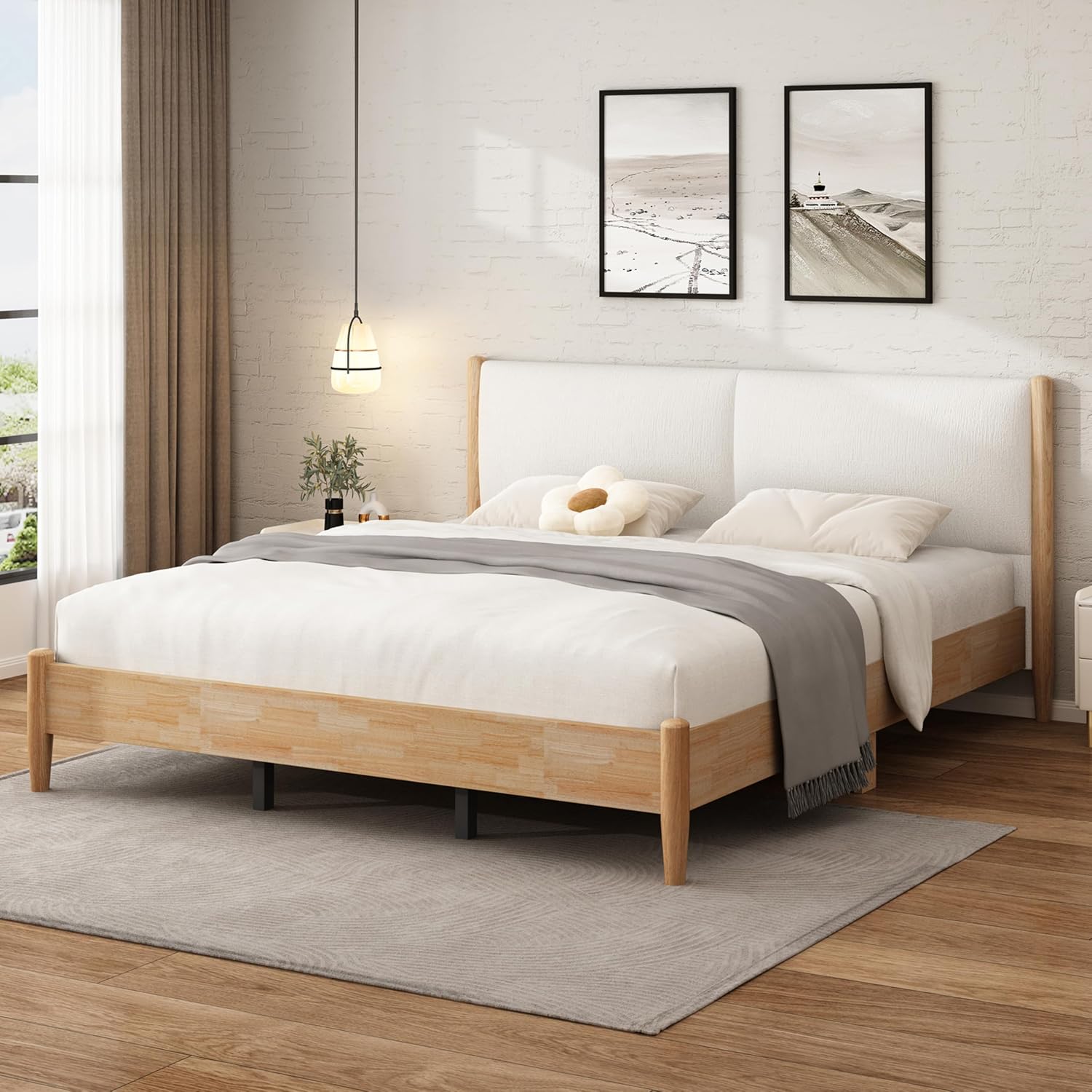 Christopher Knight Home Raven Modern California King Size Bed Frame with Upholstered Headboard, Natural Wood California King Size Platform Bed Frame, No Box Spring Needed, Easy Assembly, White+Natural