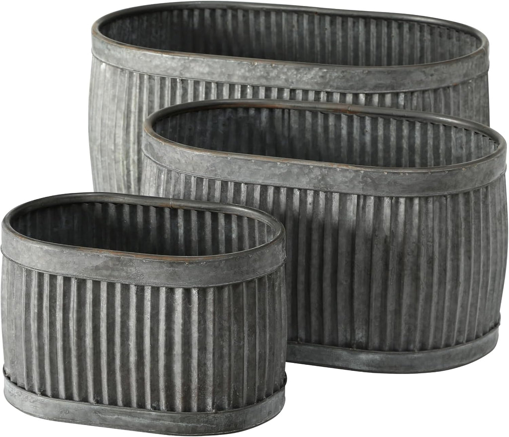 WHW Whole House Worlds French Country Style Oval Belly Planters, Set of 3, Galvanized Metal, Chubby, Corrugated Cache Pots, Rustic, Over 2 Ft Long (24 1/2, 20 and 14 1/2 Inches)