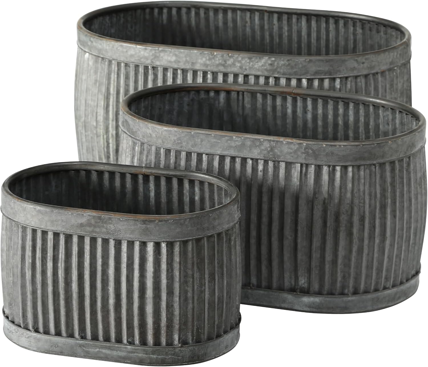 WHW Whole House Worlds French Country Style Oval Belly Planters, Set of 3, Galvanized Metal, Chubby, Corrugated Cache Pots, Rustic, Over 2 Ft Long (24 1/2, 20 and 14 1/2 Inches)
