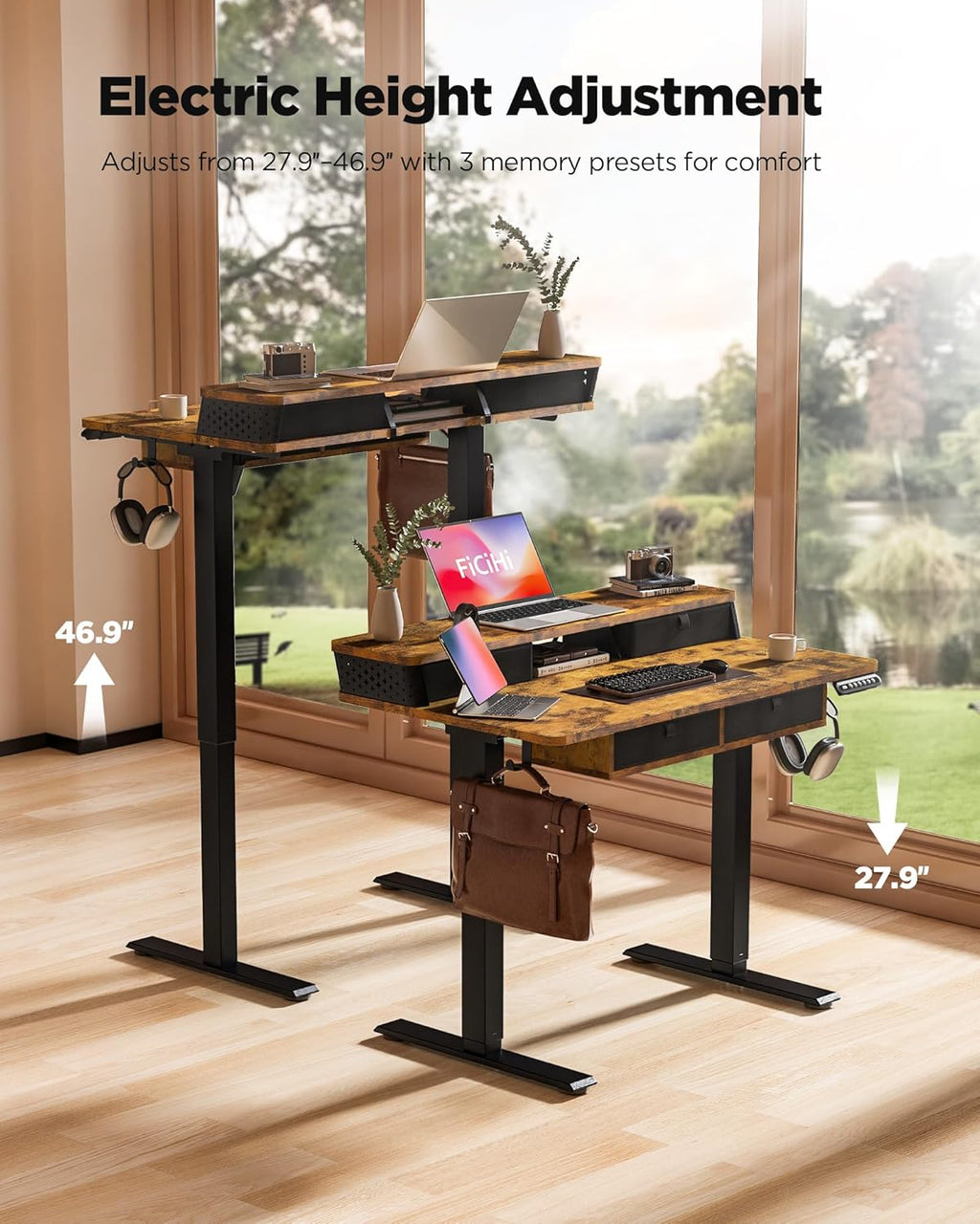 FiCiHi Electric Standing Desk with Four Drawers, 40 x 24 Inch Adjustable Height Sit Stand Desk, C-Clamp Compatible Home Office Desk with Storage Shelf & Monitor Stand Riser, Rustic Brown