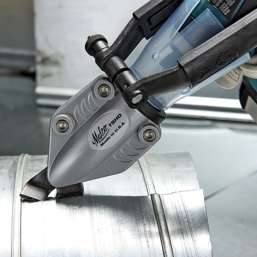 Malco TSHD TurboShear Heavy-Duty Drill Attachment – 18-Gauge Galvanized Steel | 360° Rotating Head | Telescoping Clamp Fits All Drills | Cuts Corrugated Panels, Spiral Duct & Ribs | Made in USA