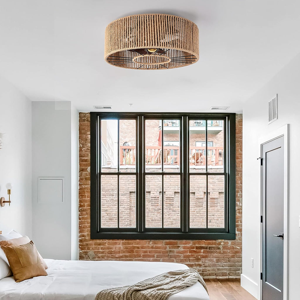 Caged Ceiling Fans with Lights Boho Ceiling Fan Enclosed Ceiling Fans Industrial Low Profile Ceiling Fan with Lights and Remote Hemp Rope Farmhouse Fans with Light for Bedroom Kitchen