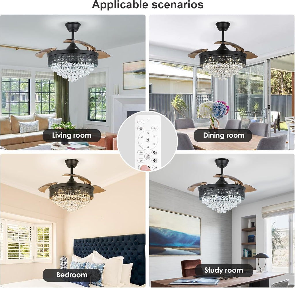 42' Black Crystal Fandelier Dimmable LED Ceiling Fan with Lights Retractable Blades 3 Color with Memory Quiet Reversible 6 Speeds Timer for Bedroom Living Room Dining Room