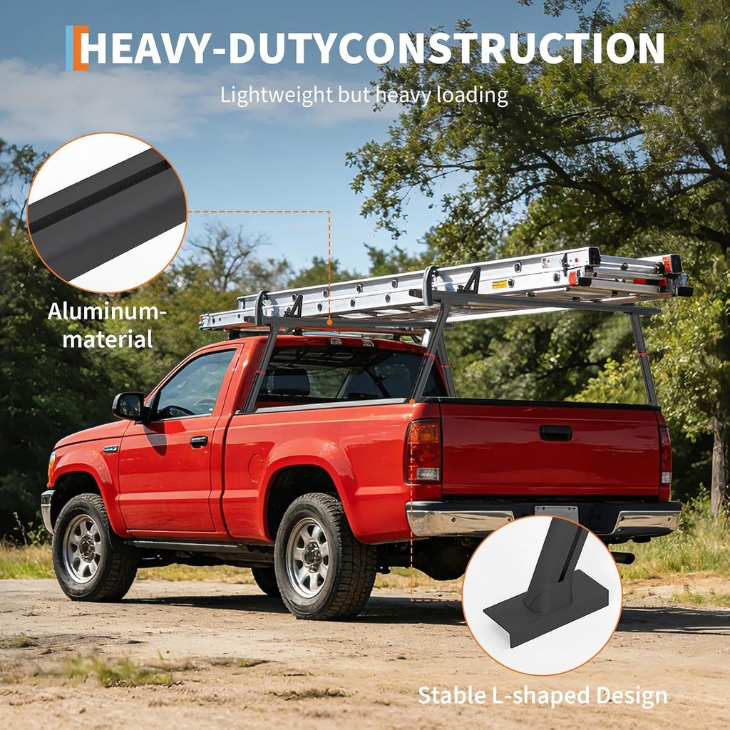 Adjustable Aluminum Pickup Ladder Rack 35.4–71', 800 lb Heavy-Duty Two-Bar Truck Bed Rack with No-Drill C-Clamp Mount, Utility Hauler for Kayaks, Lumber, Surfboards & Ladders - Black