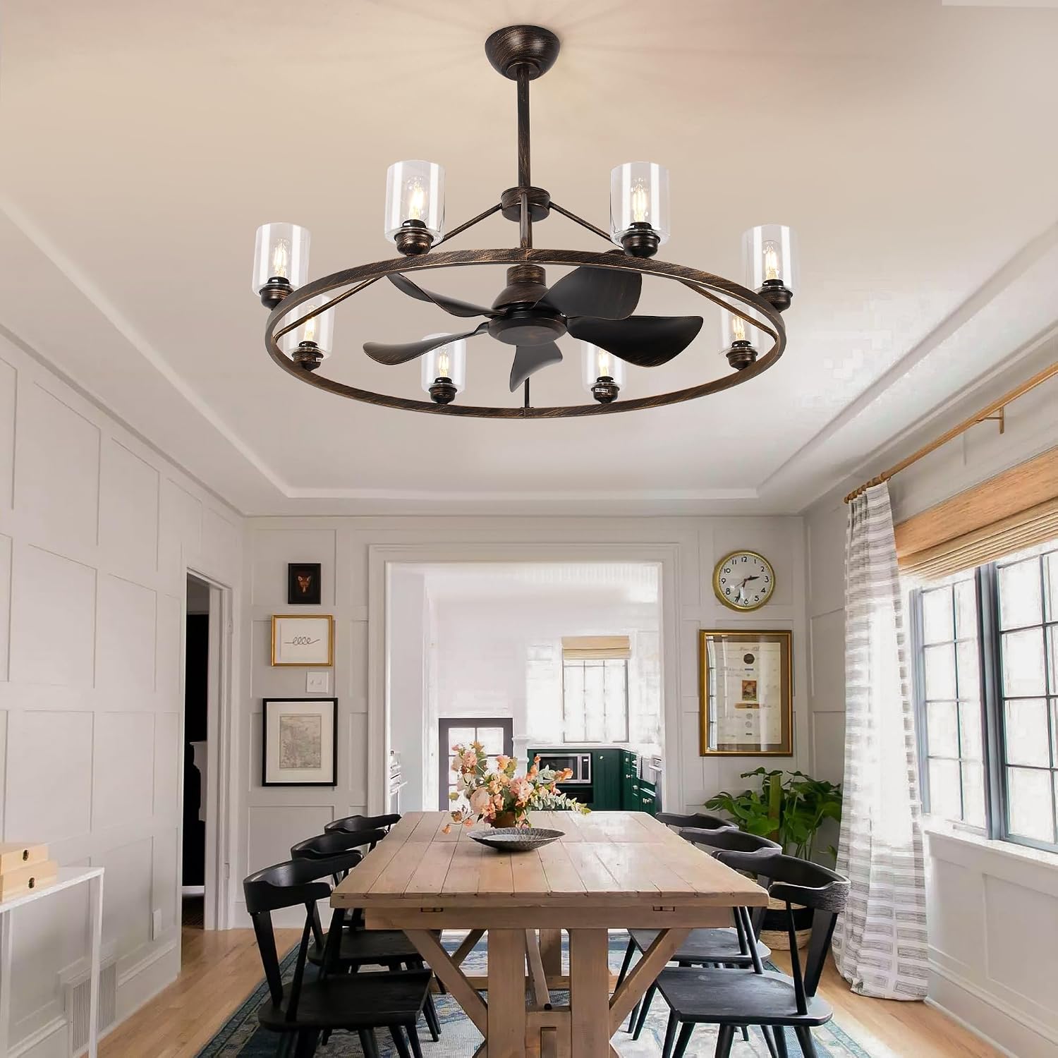 44' Large Ceiling Fans with Lights Wagon Wheel Chandelier, Farmhouse Fandelier Classical Black Fans with Glass Lampshade Light Fixture,App, 6 Speed,Timing,Adjustable Height for Dining Room Living Room