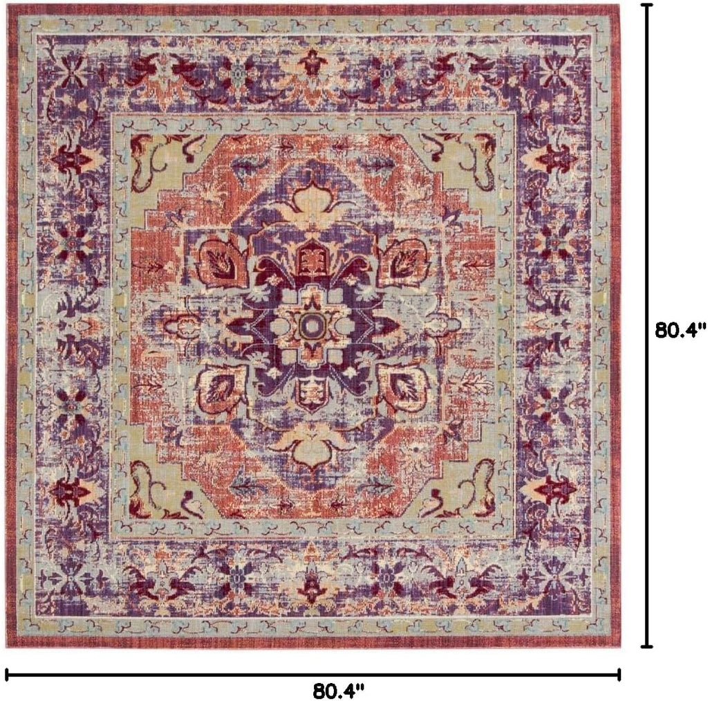 SAFAVIEH Claremont Collection Area Rug - 6'7' Square, Purple & Coral, Oriental Medallion Distressed Design, Non-Shedding & Easy Care, Ideal for High Traffic Areas in Living Room, Bedroom (CLR664A)