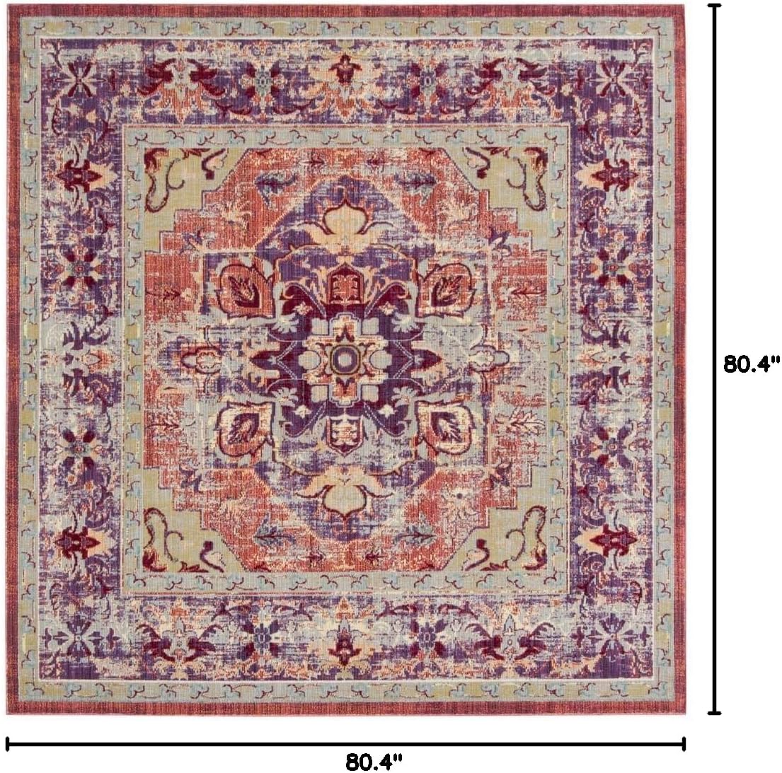 SAFAVIEH Claremont Collection Area Rug - 6'7' Square, Purple & Coral, Oriental Medallion Distressed Design, Non-Shedding & Easy Care, Ideal for High Traffic Areas in Living Room, Bedroom (CLR664A)