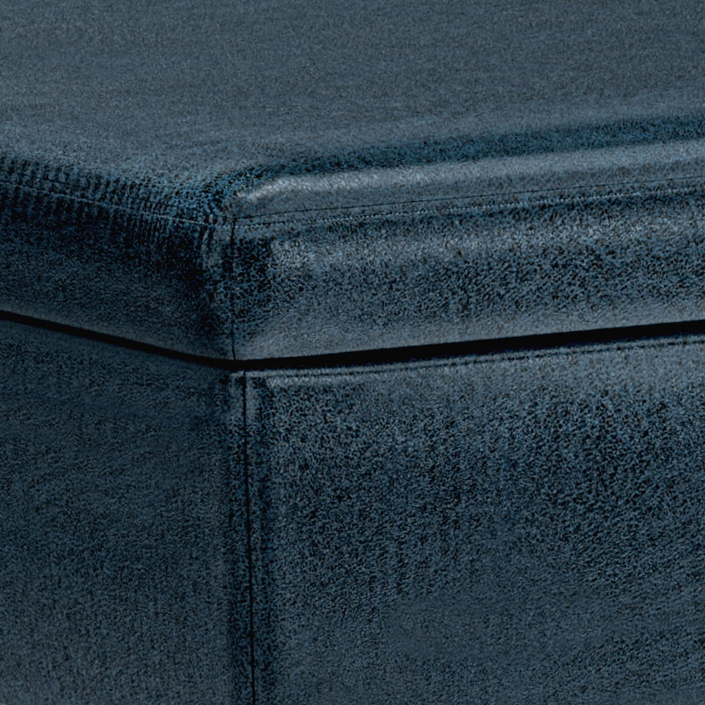 SIMPLIHOME Owen Coffee Table Storage Ottoman - 34' Wide x 19' High Upholstered Vegan Leather Rectangular Lift-Top Ottoman in Distressed Dark Blue, Mid-Century Modern Bench with Tapered Legs