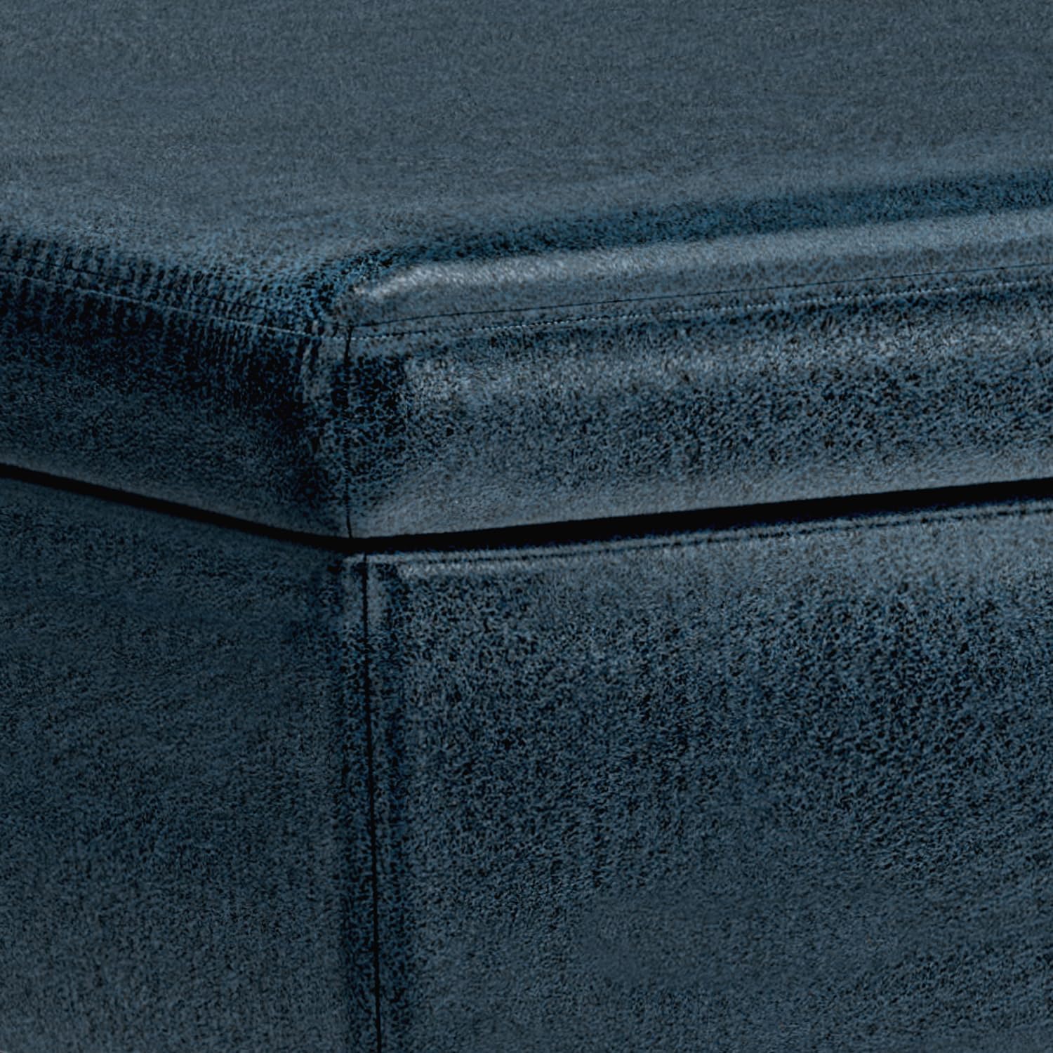 SIMPLIHOME Owen Coffee Table Storage Ottoman - 34' Wide x 19' High Upholstered Vegan Leather Rectangular Lift-Top Ottoman in Distressed Dark Blue, Mid-Century Modern Bench with Tapered Legs