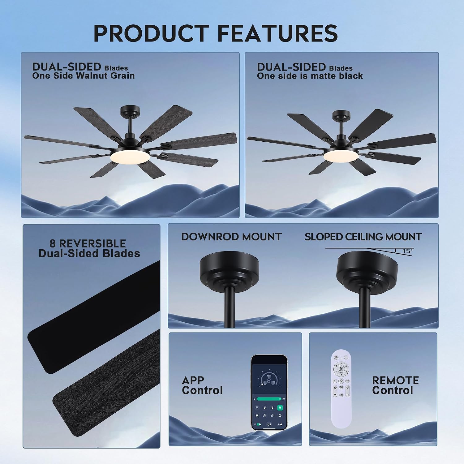 JSAITEE 60In Ceiling Fans with Lights - Black Low Profile Fan Light with 8 Blades, 6 Wind Speeds Reversible, Dimmable, Modern Light Fixture for Indoor Living Room, Kitchen, Coverd Patios