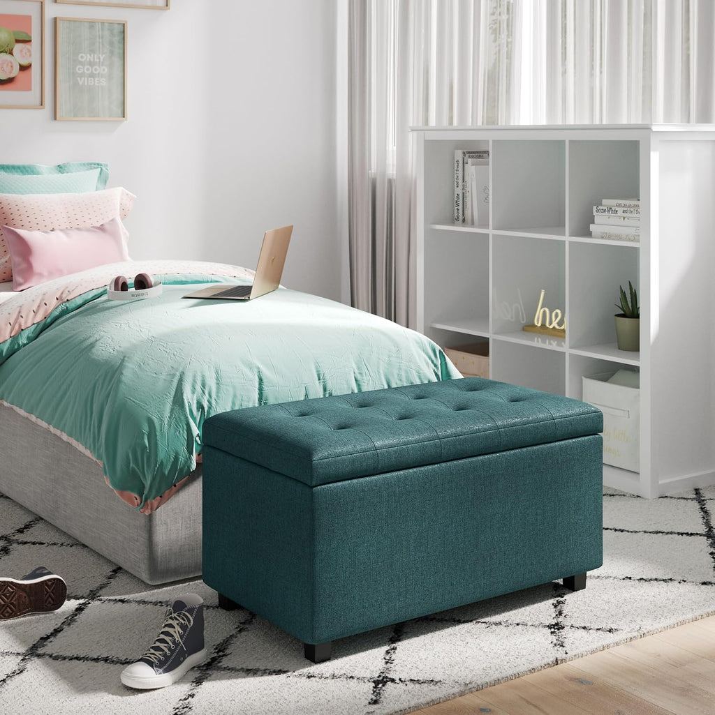 SIMPLIHOME Cosmopolitan Storage Ottoman - 34 inch Wide Upholstered Linen Look Fabric Rectangle Storage Ottoman Bench in Teal, Transitional Tufted Ottoman for Living Room or Entryway with Lift-Up Lid