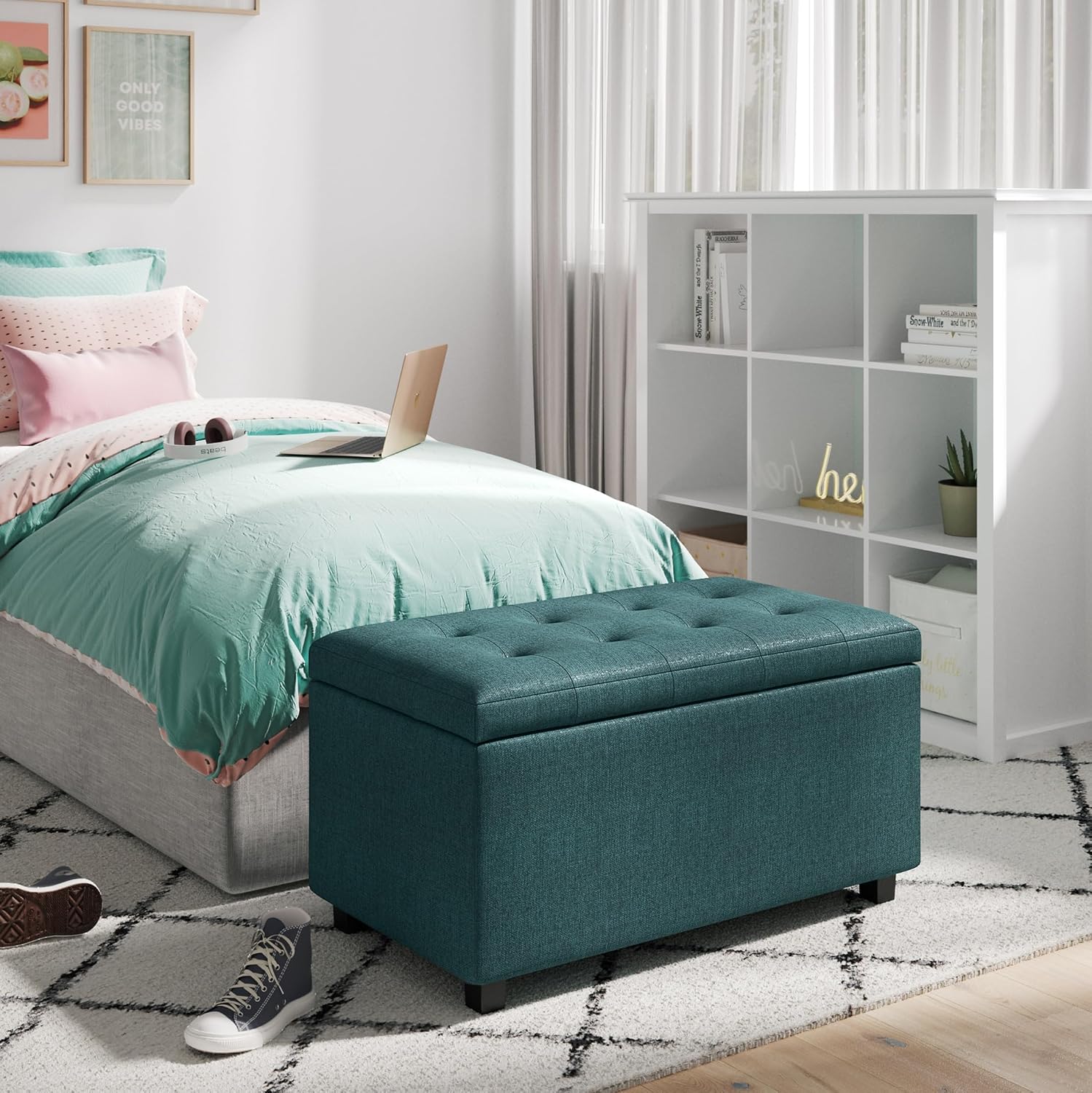 SIMPLIHOME Cosmopolitan Storage Ottoman - 34 inch Wide Upholstered Linen Look Fabric Rectangle Storage Ottoman Bench in Teal, Transitional Tufted Ottoman for Living Room or Entryway with Lift-Up Lid
