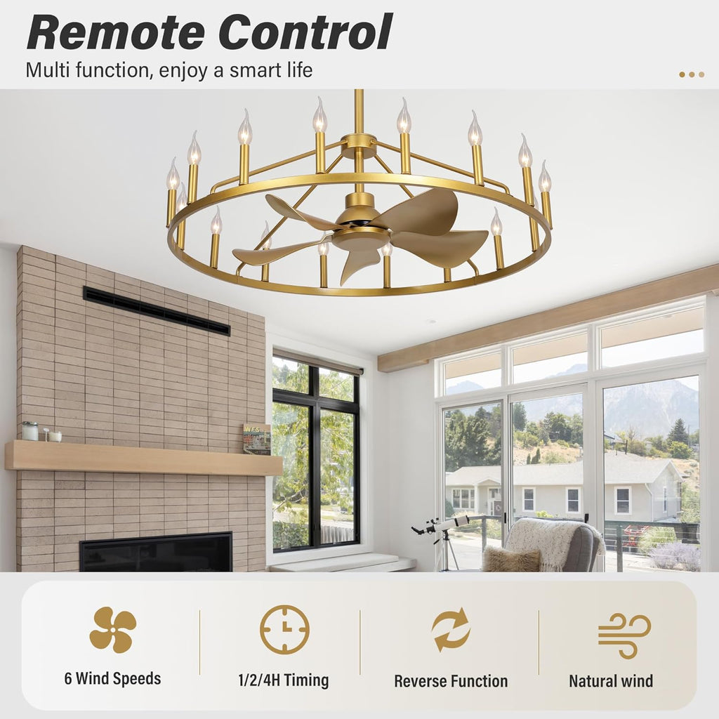 Farmhouse Chandelier Ceiling Fan with Light and Remote, 16-Lights Large Wagon Wheel Fandelier with Candle for Living Room, Gold Fan with Big Light Fixture for Living Room