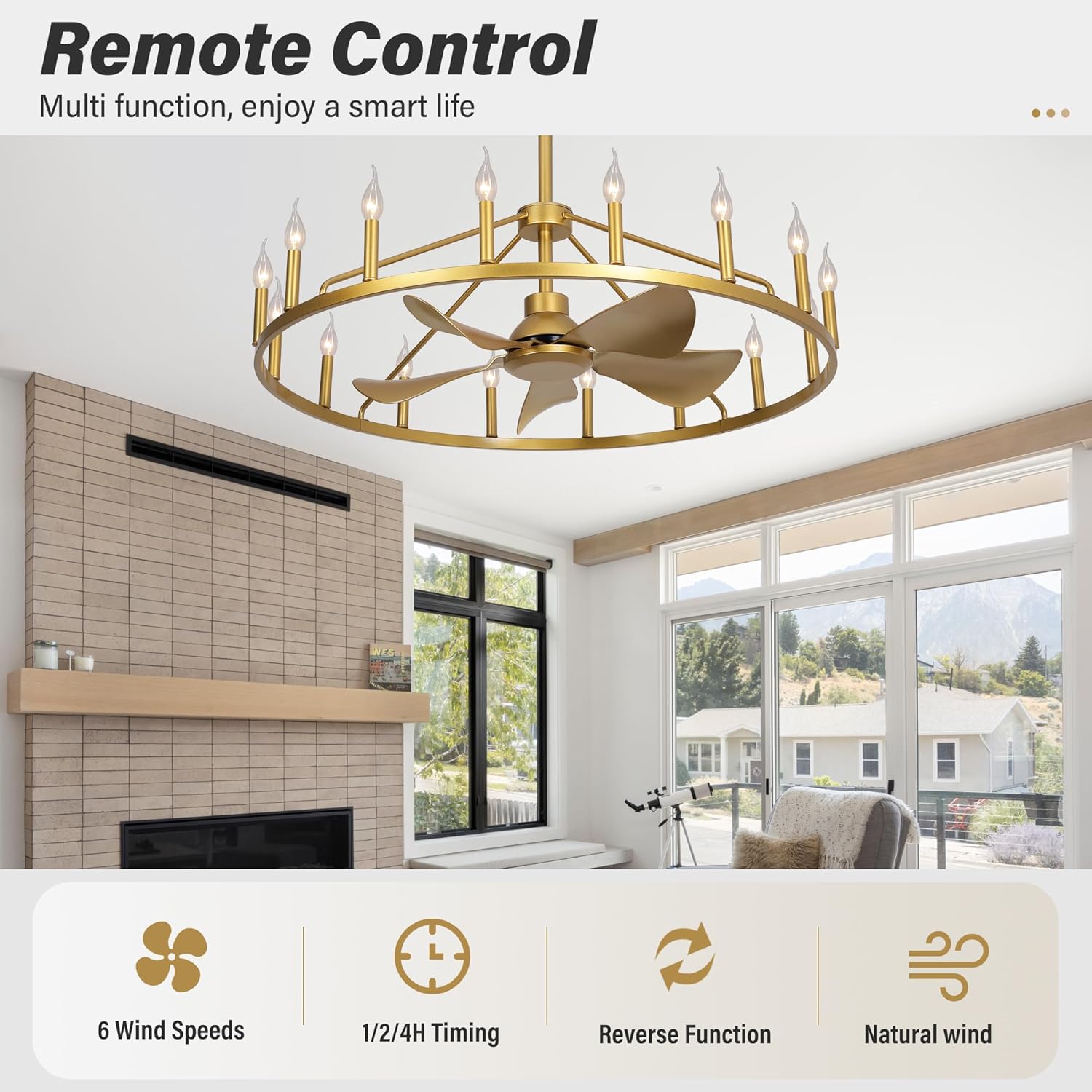 Farmhouse Chandelier Ceiling Fan with Light and Remote, 16-Lights Large Wagon Wheel Fandelier with Candle for Living Room, Gold Fan with Big Light Fixture for Living Room