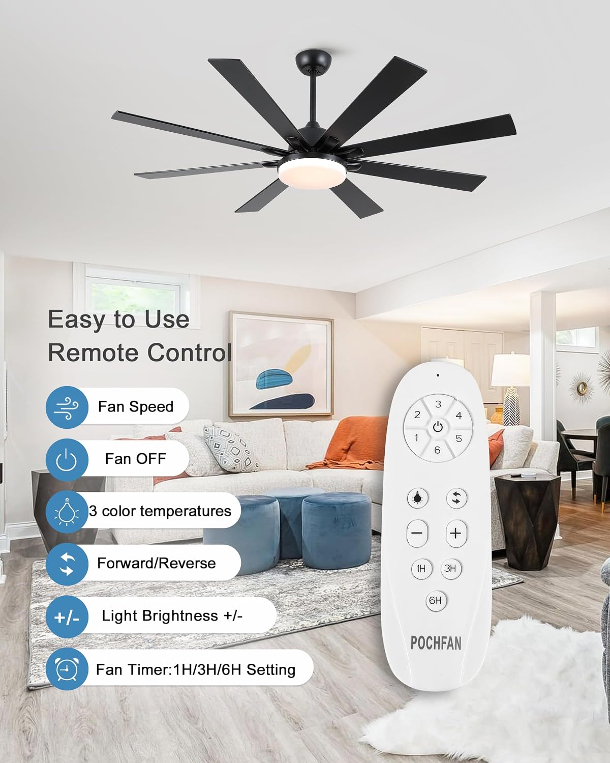 POCHFAN 62 Inch Ceiling Fans with Lights,Large Modern Ceiling fan with Remote and 8 Wooden Blades,Dimmable,6 Speeds,Noiseless Reversible Indoor&Outdoor Fan for Bedroom,Patio,Living Room