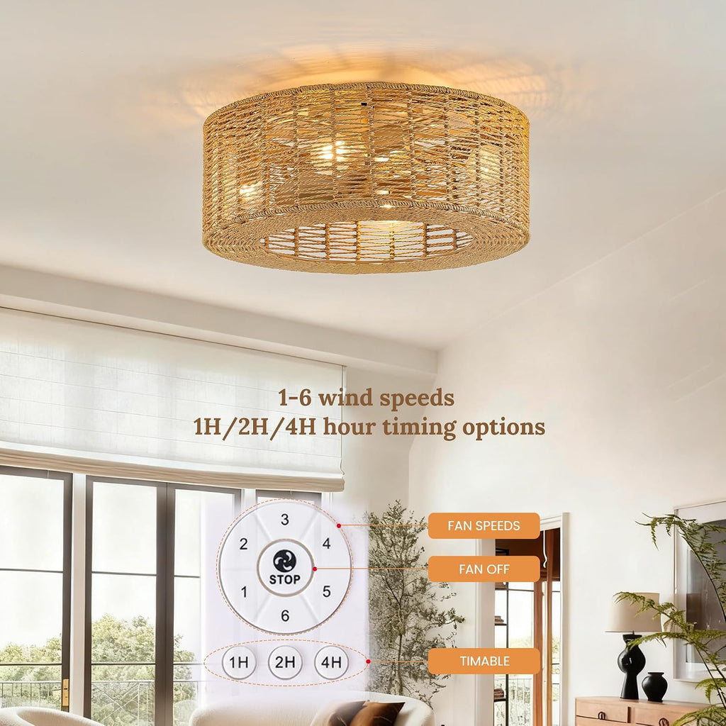 20' Rattan Caged Flush Mount Fandelier，Brown Boho Ceiling Fan with Remote, Reversible