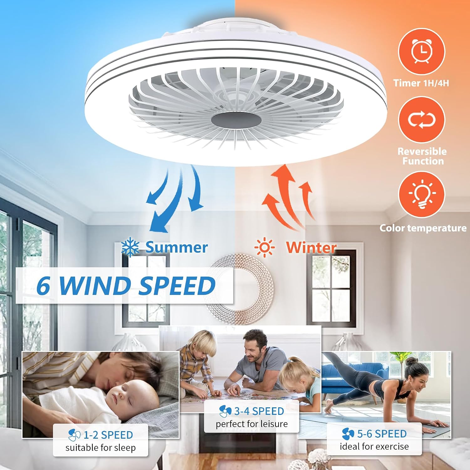 24' Low Profile Bladeless Ceiling Fans with Light, Enclosed Flush Mount Ceiling Fan with RGB Lights, Dimmable Color Changing LED Ambient Light, Smart Remote/APP/Voice Control