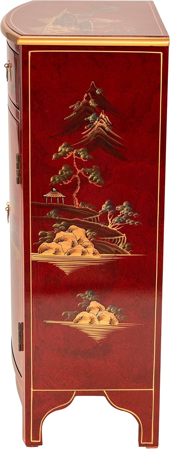 Red Lantern Artisan Crafted Lacquer Storage Cabinet - Red with Hand-Painted Chinese Landscape