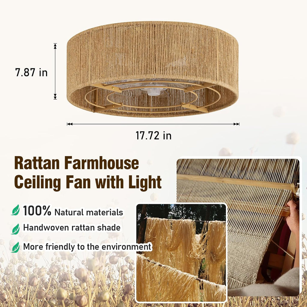 Cage Ceiling Fan with Light,Rattan Ceiling Fan with Light and Remote Control,Enclosed Low Profile Caged Design, 6 Speed Quiet Reversible Motor for Bedroom, Living Room, Porch, Nursery