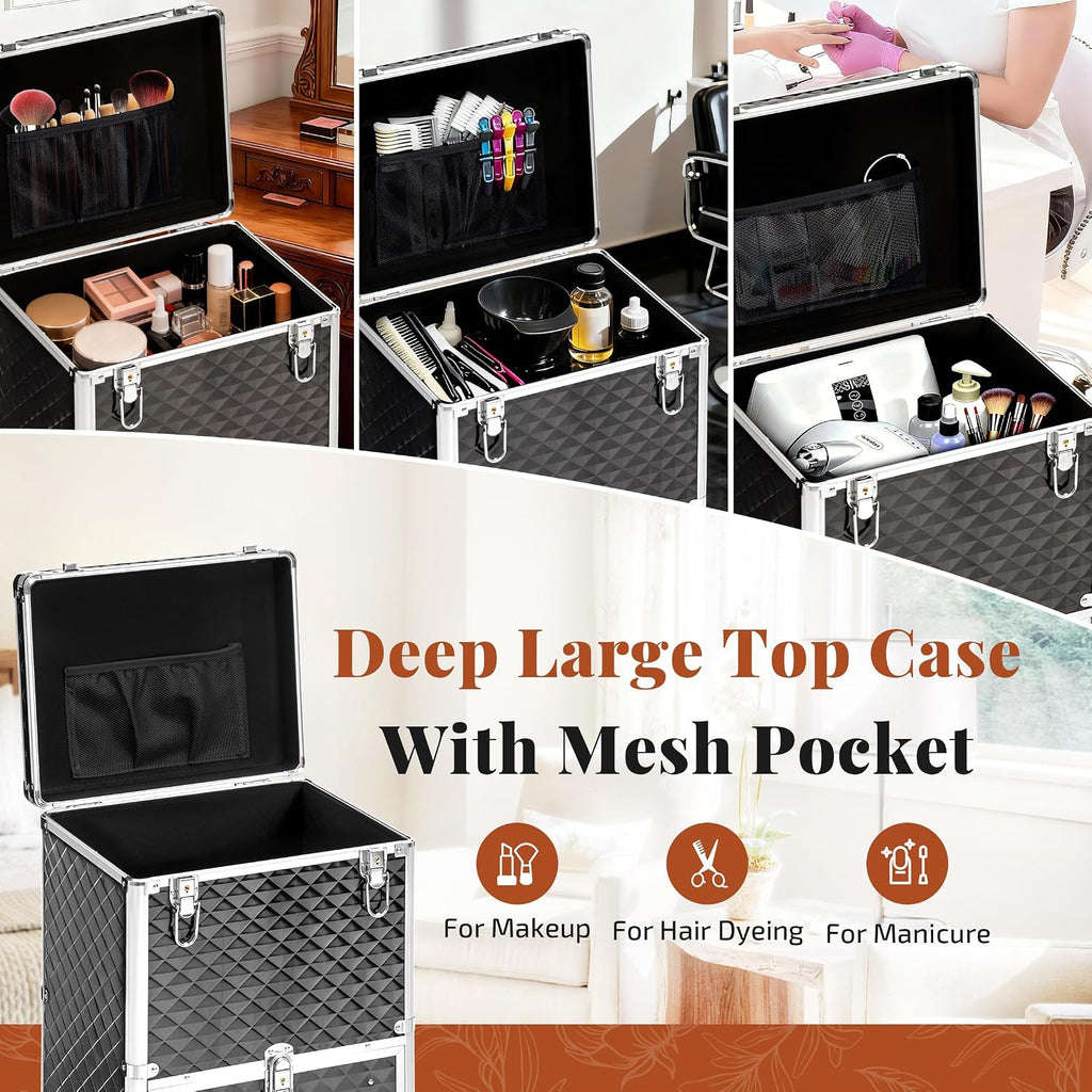 Rolling Makeup Train Case with 3 Drawers, Nail Trolley Cart Salon Station Cosmetology Case on Wheels Organizer Cases for Nail Tech,SPA,Face Painting,Hairstylist,Makeup Artist (Silver & Black)