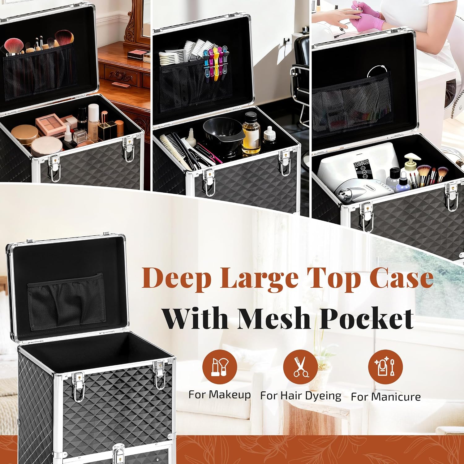 Rolling Makeup Train Case with 3 Drawers, Nail Trolley Cart Salon Station Cosmetology Case on Wheels Organizer Cases for Nail Tech,SPA,Face Painting,Hairstylist,Makeup Artist (Silver & Black)