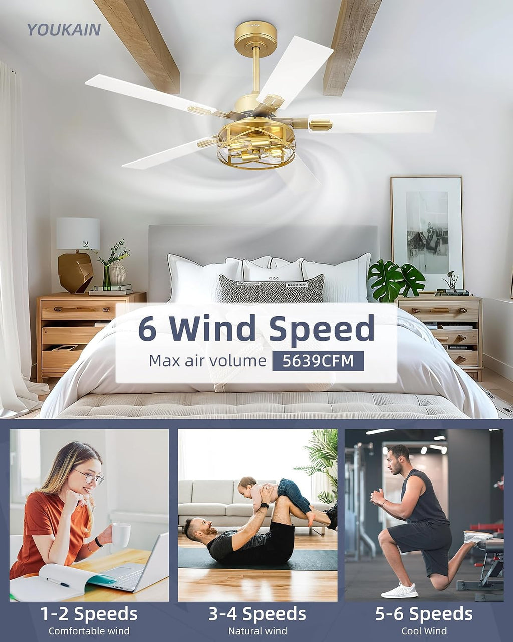 YOUKAIN 48 Inch Ceiling Fans with Lights, Farmhouse Ceiling Fans with Wall Switch and Remote Control, 5-Reversible, Gold Finish, Outdoor Ceiling Fan for Cover Patio, 48-YJ632-GDW-WS