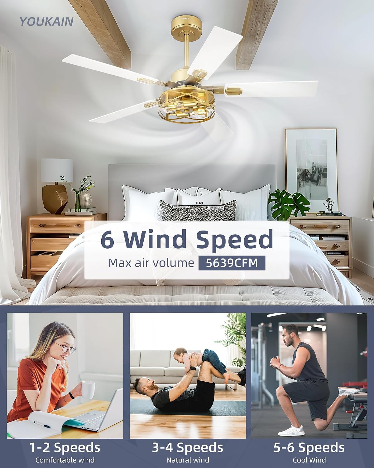 YOUKAIN 48 Inch Ceiling Fans with Lights, Farmhouse Ceiling Fans with Wall Switch and Remote Control, 5-Reversible, Gold Finish, Outdoor Ceiling Fan for Cover Patio, 48-YJ632-GDW-WS