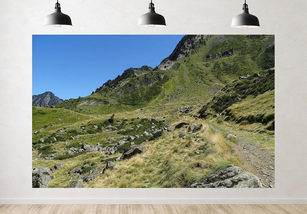 Trykid 20x10ft Mountain Hiking Trail Backdrop Rocky Slopes Green Meadows Clear Blue Sky Photography Background Adventure Event Outdoor Decor Party Decoration Photo Booth Prop Fabric