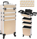 Professional Rolling Makeup Case with Wheels, 5-in-1 Makeup Train Case, Cosmetic Makeup Trolley Cart Travel Cosmetology Case On Wheels with Key for Hairstylists, Nail Tech (Gold Crystal)