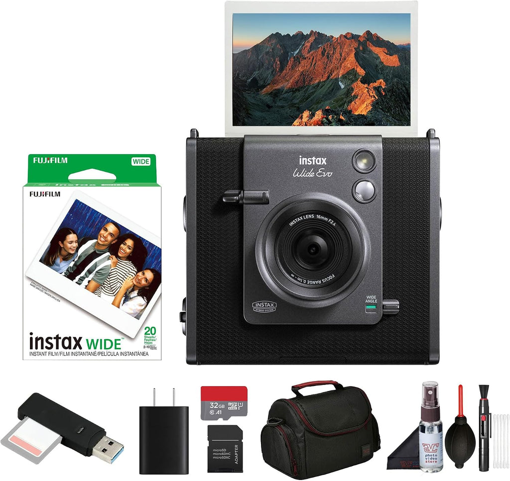Fujifilm Instax Wide Evo Hybrid Instant Film Camera Bundle with Instax-Wide Instant-Film 2 Pack (20 Exposures) + 32GB Memory Card + USB Card Reader + Bag + Cleaning Kit