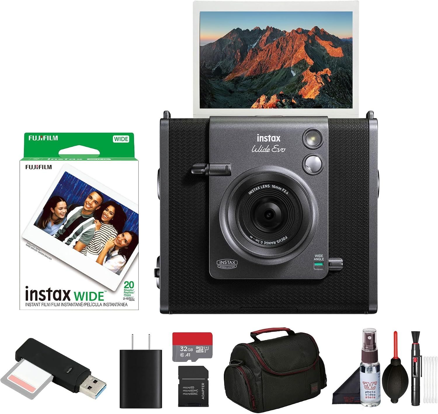 Fujifilm Instax Wide Evo Hybrid Instant Film Camera Bundle with Instax-Wide Instant-Film 2 Pack (20 Exposures) + 32GB Memory Card + USB Card Reader + Bag + Cleaning Kit
