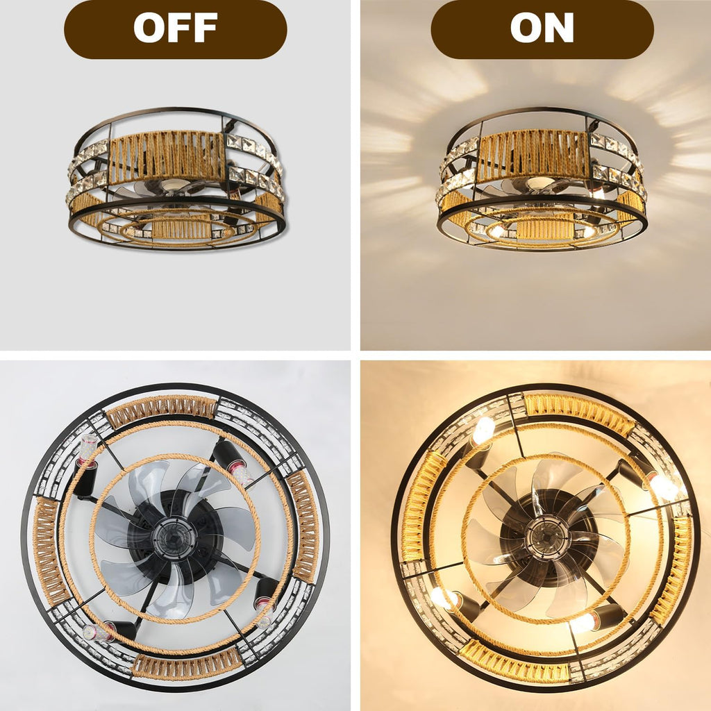 Ceiling Fans with Lights Flush Mount, 20 Inch Caged Low Profile Ceiling Fans with 3 Mode Lighting and Remote Control with E26 Bulbs for Bedroom, Nursery, Garage (Brown)