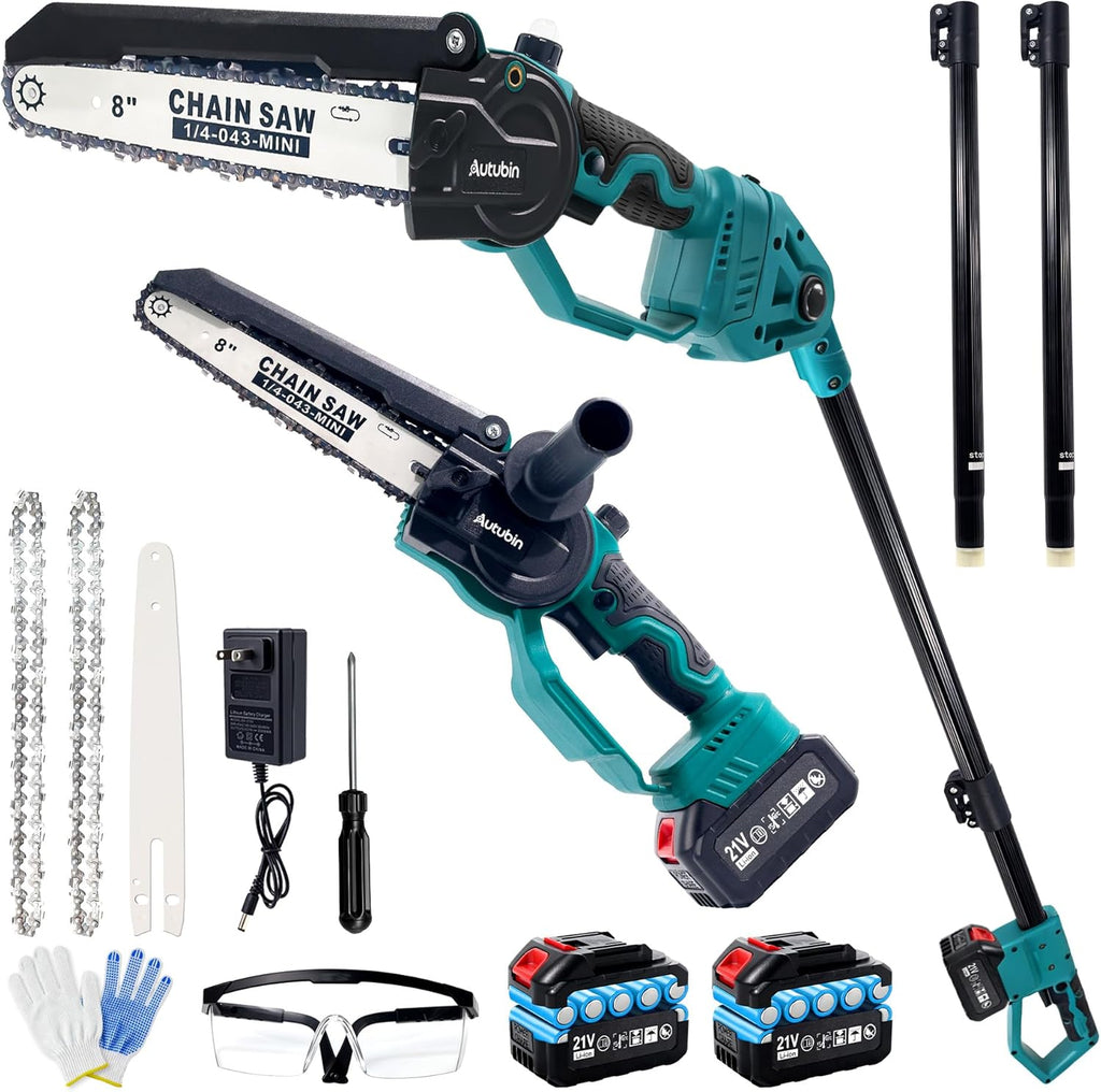 2-in-1 Cordless Pole Saw & 8'' Mini Chainsaw with Extension Pole for Tree Trimming,Electric Pole Chainsaw for Tree Branches with 2x4.0Ah Batteries, Auto Lubrication,Max15Ft Reach,Ideal Gift for Men.