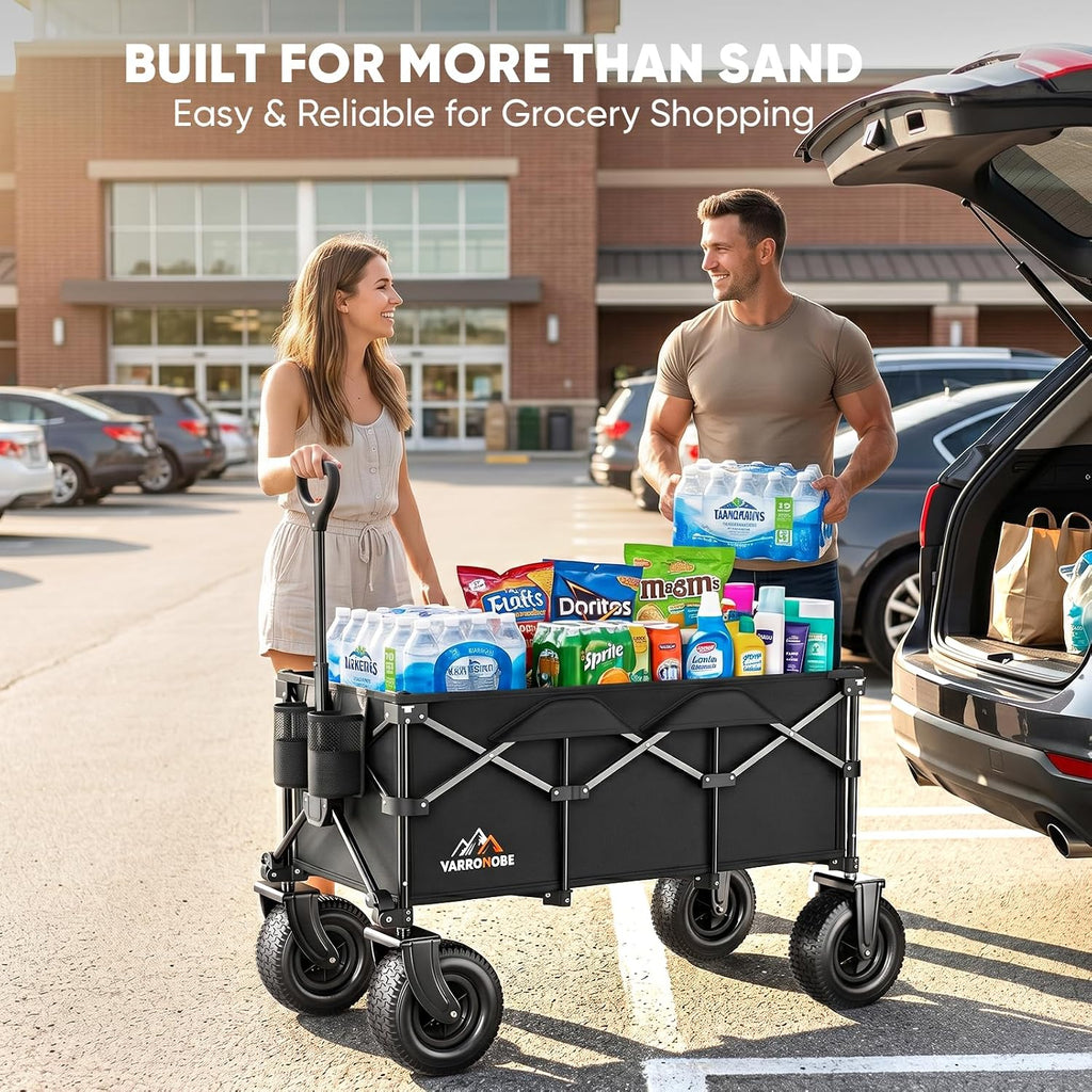 All-Terrain Beach Wagon with 10' x 3.5' Big Inflatable Rubber Wheels for Sand, 220L Collapsible Utility Wagon, 400 lbs Heavy Duty Folding Cart with 2 Cup Holders for Camping, Sports, Garden, Black