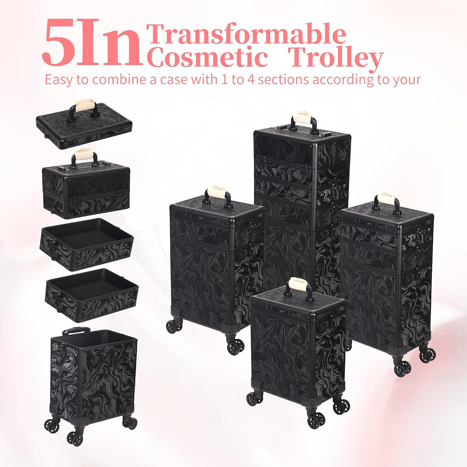 5 in 1 Rolling Makeup Train Case Professional Cosmetic Trolley Large Storage Organizer on Wheels for Hairstylist Artist Nail Beauty Salon Barber Alipine Black