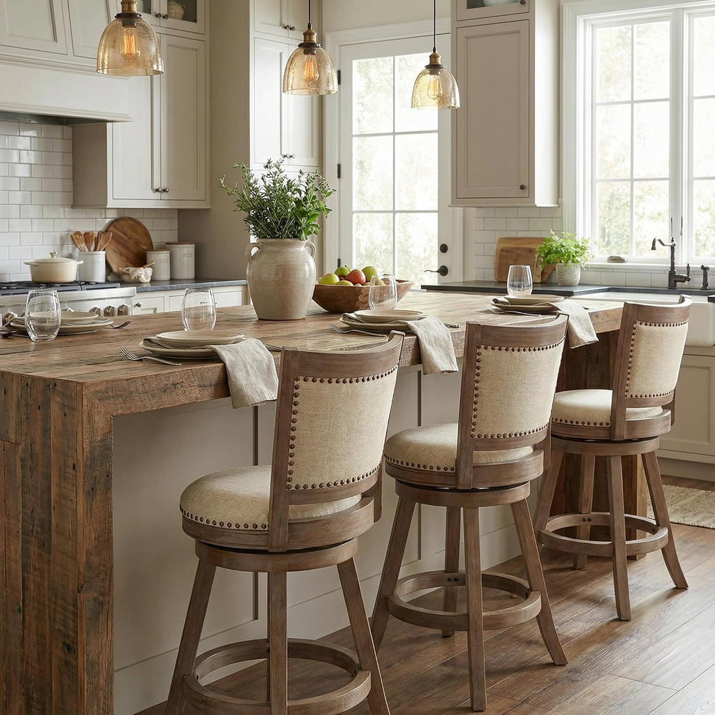 Cortesi Home Marko Stool in Beige Fabric Swivel Seat with Back, 24' Counter Height, Driftwood