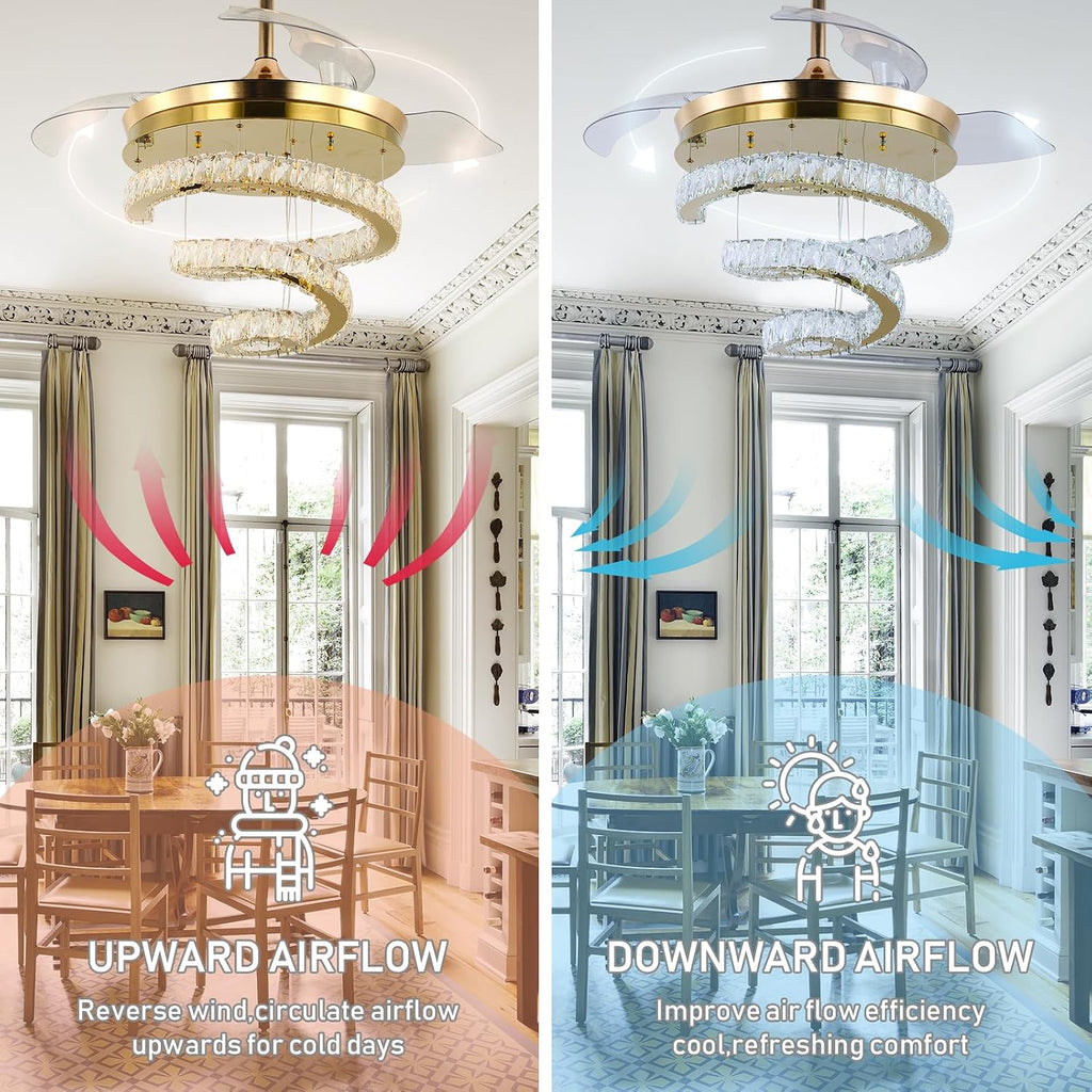 FRIXCHUR Gold 42' Crystal Ceiling Fans with Lights and Remote Chandelier Fans Dimmable Crystal Fandeliers 3-Blade Retractable Led Ceiling Fans 6 Speed 3 Color Change for Bedroom Living Room 30W*2…