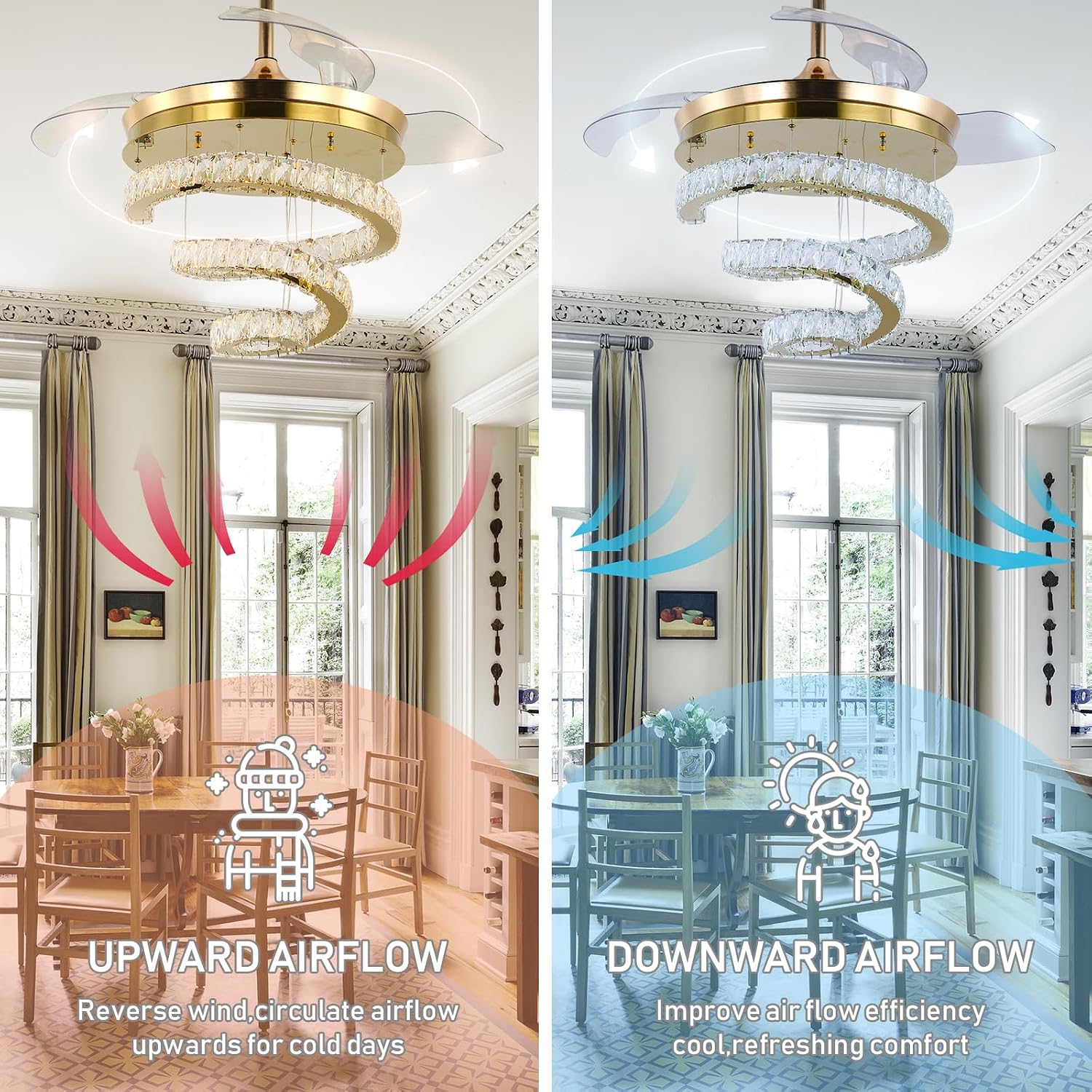 FRIXCHUR Gold 42' Crystal Ceiling Fans with Lights and Remote Chandelier Fans Dimmable Crystal Fandeliers 3-Blade Retractable Led Ceiling Fans 6 Speed 3 Color Change for Bedroom Living Room 30W*2…
