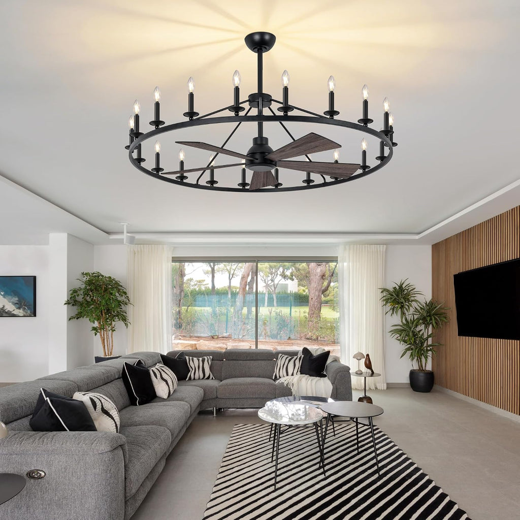 COCOSTAR 50' Black Wagon Wheel Chandelier with Fans, Farmhouse Ceiling Fan with 20-Lights and Remote, Adjustable Height, Rustic Large Fandelier for Living Room, 6-Speed Reversible Big Fandelier