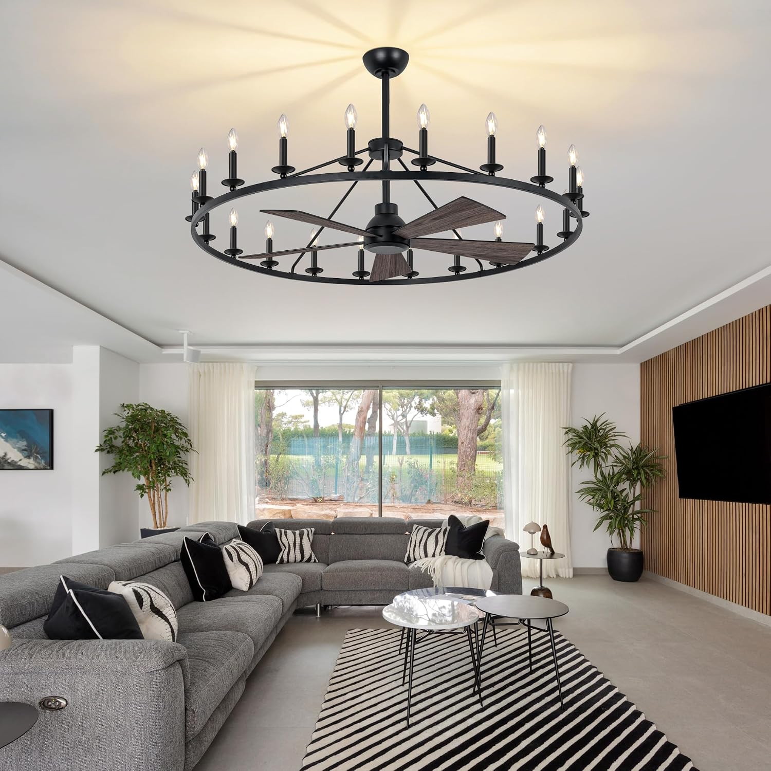 COCOSTAR 50' Black Wagon Wheel Chandelier with Fans, Farmhouse Ceiling Fan with 20-Lights and Remote, Adjustable Height, Rustic Large Fandelier for Living Room, 6-Speed Reversible Big Fandelier